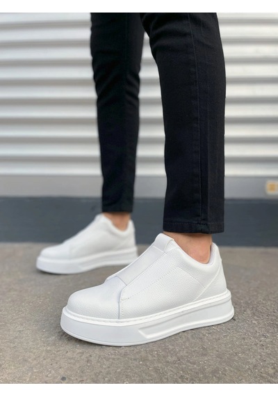 Mevese Torino Erkek Bağcıksız Cilt Günlük Sneaker Ayakkabı Ortopedik Kalın Taban Beyaz