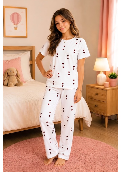 Modanino Kız Çocuk Pamuklu Milan Kumaş Pijama Takımı 8-16 Yaş 12699hc Beyaz