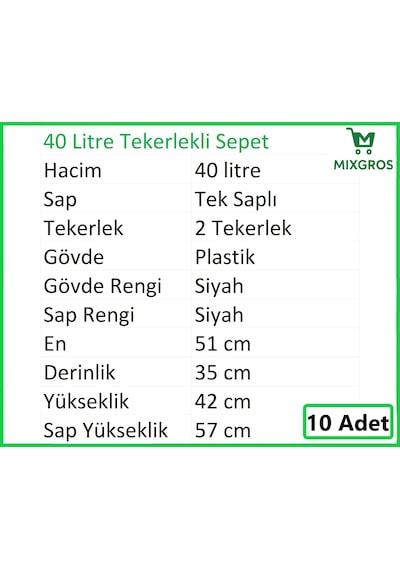 Tekerlekli Plastik Market Alışveriş El Sepeti 40 Litre Siyah 10 Adet