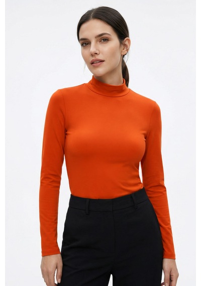 Tommy Life Oranj Balıkçı Yaka Basic Uzun Kollu Kadın Body - 97306 Turuncu