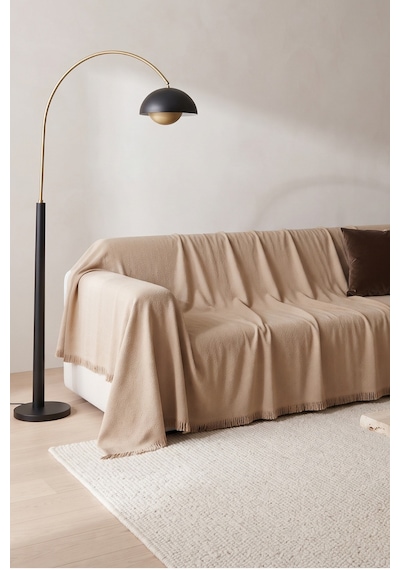 İskandinav Dokulu Pamuklu Saçaklı Koltuk Örtüsü Ve Koltuk Şalı Kaymaz Terletmez 180x300 Cm Bej