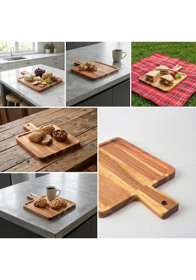 Doğal Akasya Ahşap Kare Sunum Tahtası Ve Servis Tepsisi 28.5x21 Cm Özel Motif Desenli Ve Kulplu Peynir Tabağı, Kenarlı Kahve Sunumluk Çok Renkli