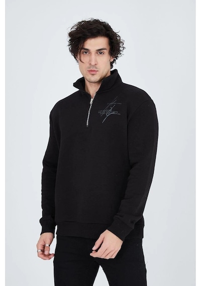 Erkek Yarım Fermuarlı Baskılı 3 İplik Pamuklu Sweatshirt - Siyah