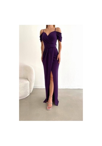 Lior Design Kadın Trend Krep Kumaş V Yaka Yırtmaçlı Abiye Elbise Mor