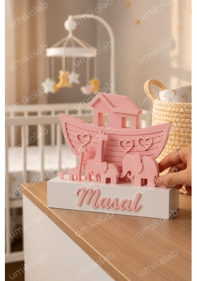 Kişiye Özel İsme Yazılı Pembe Ahşap Görünümlü Nuh Un Gemisi Bebek Odası Dekoru
