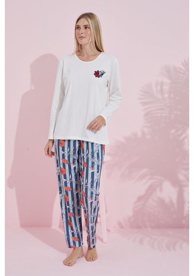 Siyah İnci Pamuklu Örme Pijama Takım 24240181 Ekru