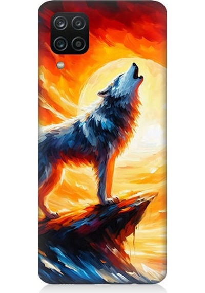 Samsung Galaxy A12 Uyumlu Kayalıkta Uluyan Kurt Yalnızlığı Desenli Silikon Kılıf Çok Renkli