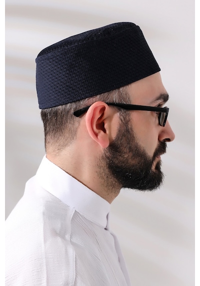 Lacivert Petek Kareli Kadife Kalıp Namaz Takkesi