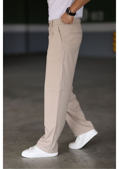 Bürke Baggy Çift Pileli Krem Renk Beli Lastikli Kaliteli Rahat Kesim Klasik Bol Paça Baggy Pantolon