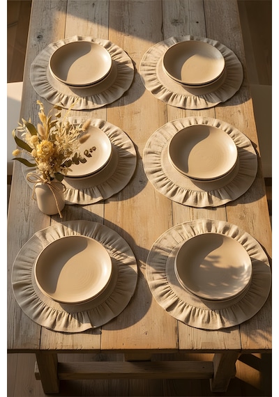 Pamuklu Fırfırlı Supla 6'lı Set Amerikan Servis 33 Cm Çap Supla 6'lı Bej