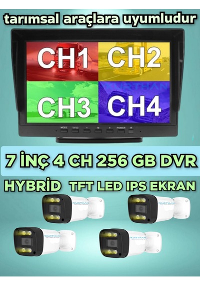 Tarımsal Araçlara 4 Adet Ahd 2 Mp Warm Ledli Kamera 7 İnç Qled Ips 256 Gb Dvr Monitör 12 Volt