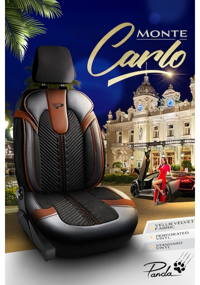 Siyah - Taba Garni Panda Monte Carlo Serisi Velor Kadife Kumaş Oto Koltuk Kılıfı - Tam Set