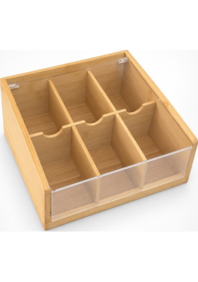 Bambu Ahşap Çay Kutusu 6 Bölmeli Şeffaf Kapaklı Çay Ve Bitki Çayı Düzenleyici 21x20x10 Cm Sarı