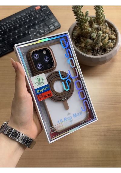 Apple Uyumlu iPhone 15 Pro Max Standlı Ve Yüzüklü Magsafe Kılıf Soocase721 Kahverengi