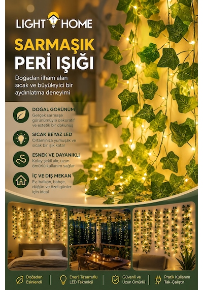 Yapay Sarmaşık Led Işık Dekoratif Işıklı Sarmaşık Led Oda Duvar Yatak Odası Parti Yılbaşı Dekoru 3 Metre 30 Led Sarı