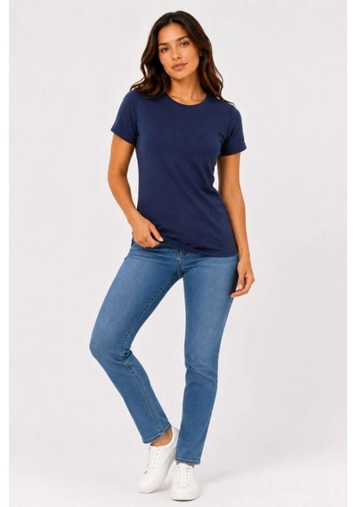 Kadın Basic Tişört Bisiklet Yaka Kısa Kol Günlük Yazlık Slim Fit T-shirt - Lacivert
