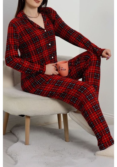 Seka Store Seka Milan Düğmeli Pijama Takımı Kırmızıekose - 50750.1048. Çok Renkli