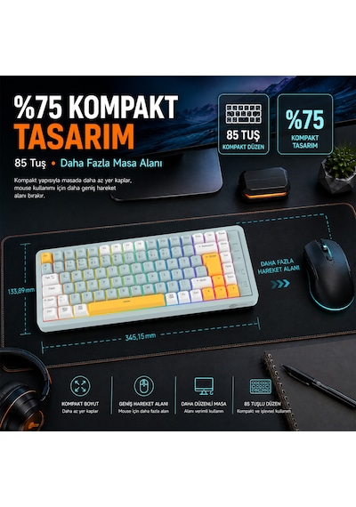 Lecoo GK805 Bluetooth 5.0 / 2.4 GHz / USB 3 Modlu RGB 85 Tuş Gasket Membran Türkçe Q Oyuncu Klavyesi