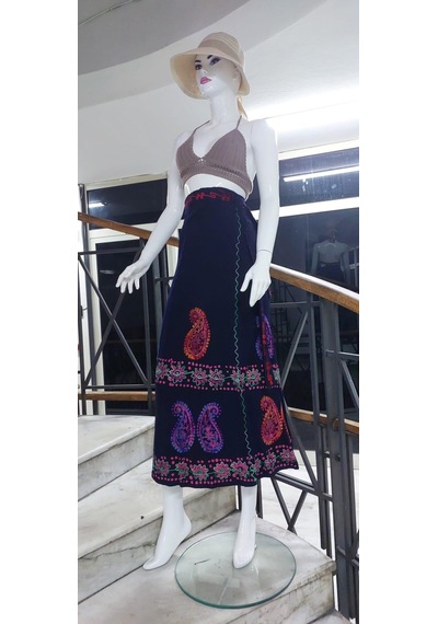 Bohem Stil Hint Batik Çiçek Desenli Ve İşlemeli Uzun Hint Anvelop Etek Lacivert