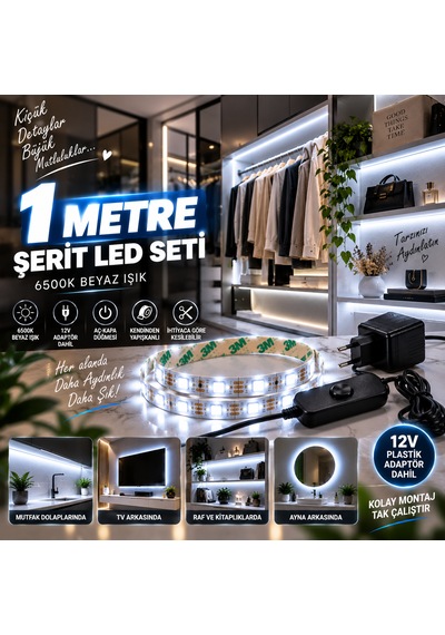 Mutfak Dolap Ayna Aydınlatma 1 Metre Beyaz Aç Kapat Düğmeli Şerit Led Seti 12v Adaptörlü Aç Kapa Düğmeli Kendinden 1m