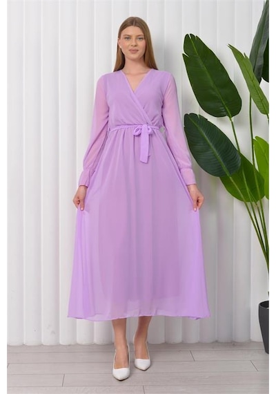 Neşeli Butik Kadın Bağlama Detaylı Uzun Şifon Elbise Kts003 - Lila Lila