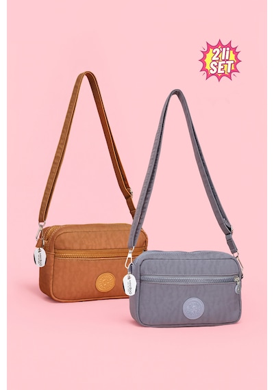 Westbag Kadın Çapraz Askılı Üç Gözlü Fermuarlı Krinkıl Günlük Omuz Çantası 2'li Set Gri - Taba