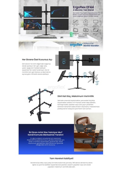 Ergoflex EF44 Steel Design 2-8 KG Quad Ekran Asansörlü 13'' - 27'' Desktop Monitör Standı