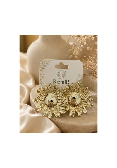 Gold Güneş Çiçeği Tasarımlı Kadın Küpe Altın