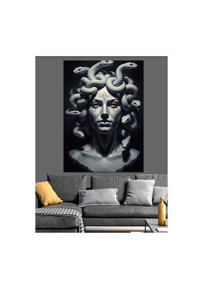 Mermer Dokulu Antik Medusa Büstü Dekoratif Kanvas Tablo - Yağlı Boya Dokulu