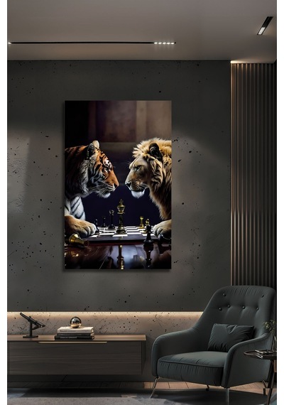 Modern Satranç Ustaları Kaplan Vs Aslan Dekoratif Cam Tablo Hayvan Figürlü Dekoratif Duvar Tablosu, Salon, Ofis Ve Çalışma Alanı Dekoru,