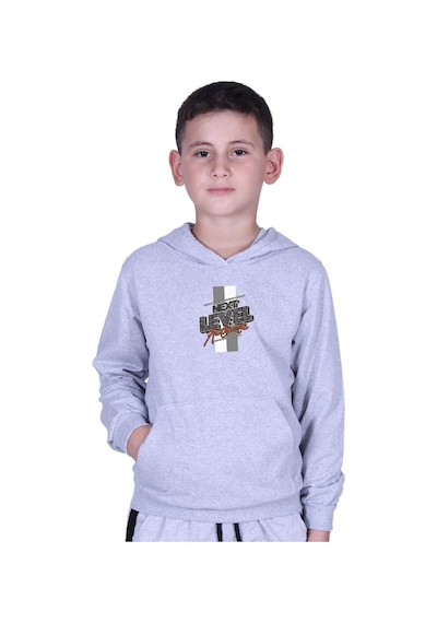 Fyk Kids Kapüşonlu Kanguru Cepli Next Level Baskılı Erkek Çocuk Sweatshirt Gri