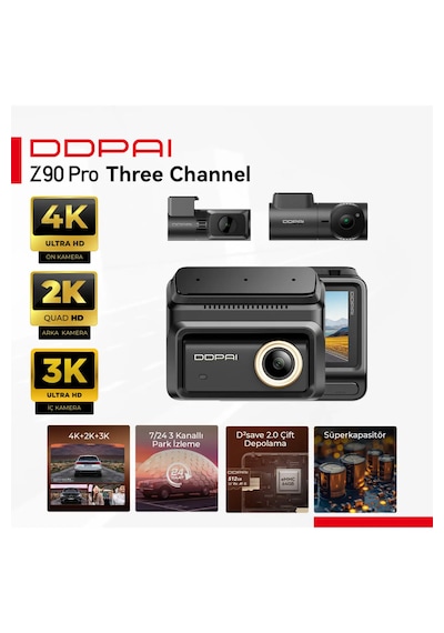 Z90 Pro Three-channel 3 Kameralı Araç İçi Kamera 4k+2k+3k Sony Starvıs 2 Gps Wifi Gece Görüş Dashcam