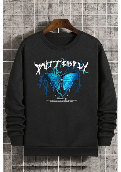 Unisex Blue Butterfly Bisiklet Yaka Sweatshirt Siyah