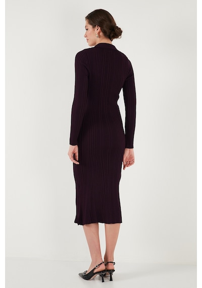 Lela Premium Fitilli V Yaka Slim Fit Midi Boy Triko Bayan Elbise 680El00282 Mürdüm