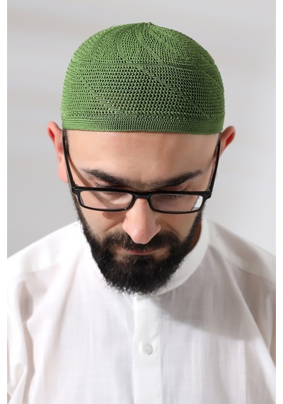 Fıstık Yeşili Dantel Detaylı Örme Gold Namaz Takkesi