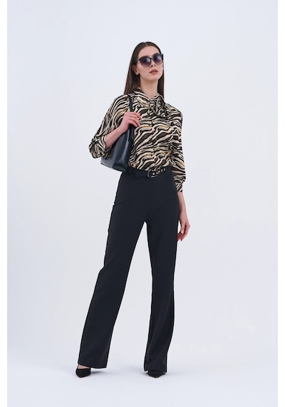 Trend Kadın Yeni İkili Takım Siyah Pantolon Ve Zebra Desenli Bluz Siyah