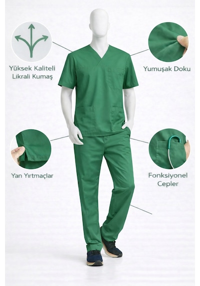 Likralı Hemşire Doktor Forması Premium Belinda Soft Kumaş Scrubs Hastane Üniforması Cerrahi Takım Yeşil