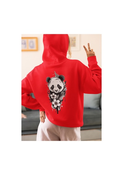 Stil X Sevimli Pandalar Baskılı Kadın Sweatshirt Kırmızı-2