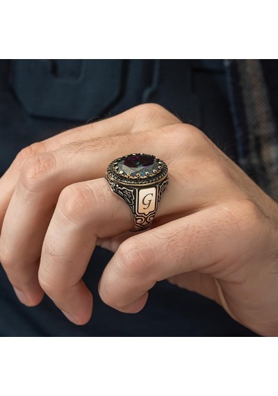 Oval Mistik Topaz Taşlı Harfli 925 Gümüş Erkek Yüzük