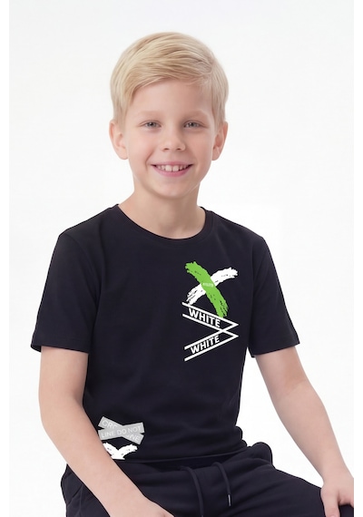Panios Kids White Yazı Baskılı Yuvarlak Yaka Kısa Kollu Erkek Çocuk Yazlık Tişört Siyah