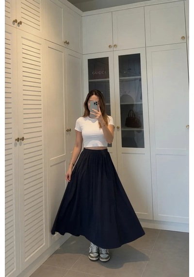 Kadın Lacivert Poplin Kumaş Uzun Etek Beli Lastikli Günlük Maxi Etek 90 Cm