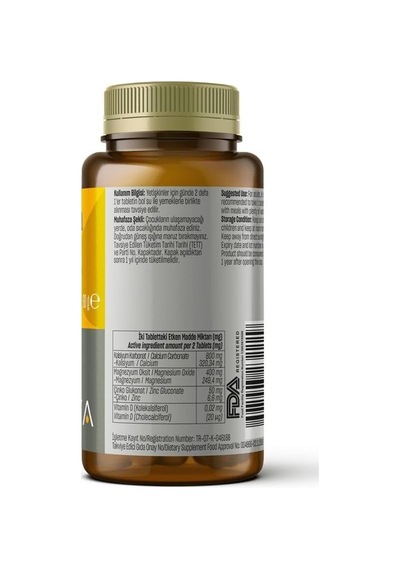 Kalsiyum, Magnezyum, Çinko, Vitamin D İçeren Takviye Edici Gıda - Gıda Takviyesi - 60 Tablet