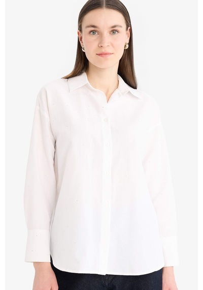 DeFacto Relax Fit Basic Düz Poplin Uzun Kollu Tesettür Gömlek Tunik E7977AX25SMWT34