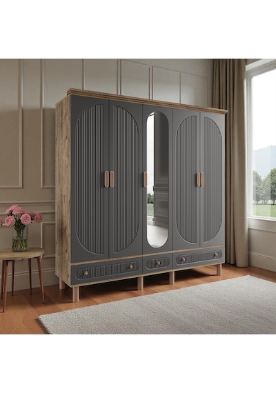 Comiet Sally 5 Kapaklı Aynalı Çekmeceli Mdf Gardırop Antrasit