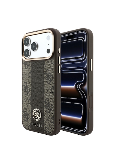 Apple iPhone Uyumlu 18 Pro Kılıf Guess Lisanslı M-safeli Deri 4g Desenli Şeritli Yazı Logolu Kapak Kahverengi