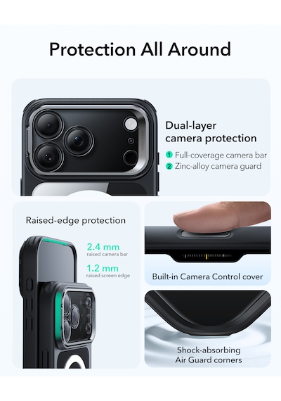 Esr Apple Uyumlu iPhone 17 Pro Max Hybrid Magsafe Standlı Kılıf - Kamera Kontrol Butonu - Şeffaf Siyah Şeffaf Siyah