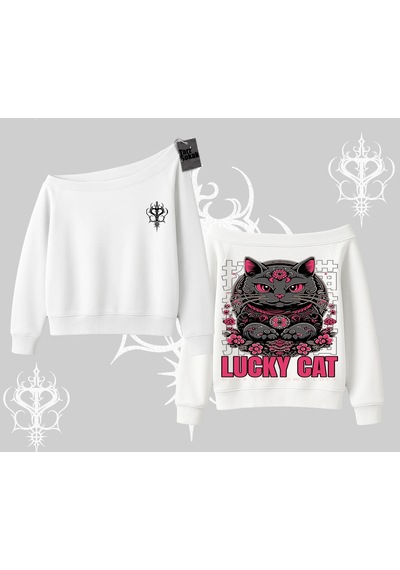Lucky Cat Japon Tarzı Kedi Baskılı Kayık Yaka Sweatshirt Beyaz