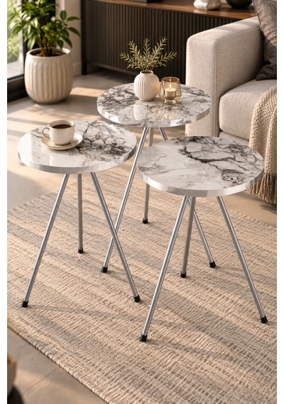 Sulorahome Gümüş Metal Ayaklı Mermer Desenli 3'lü Zigon Sehpa Takımı Beyaz - Ceviz