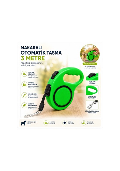 Makaralı Otomatik Köpek Gezdirme Tasması 3 Metre Yeşil Kilitlemeli Ergonomik Çok Renkli