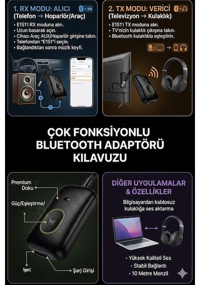 Exenar - Siyah - Aux Bluetooth Ses Adaptörü İki Yönlü Rx/tx Alıcı Verici Araç Tv Televizyon Pc Bilgisayar 3.5mm Jack